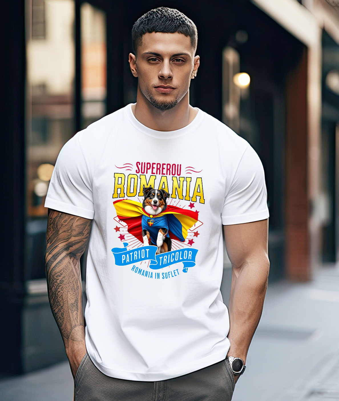 Tricou Femei, Barbati, Copii, Fata, Baiat, Unisex Personalizat Ciobănesc Australian în Costum de Căpitan România – Cadou Personalizat pentru Iubitorii de Câini [1]