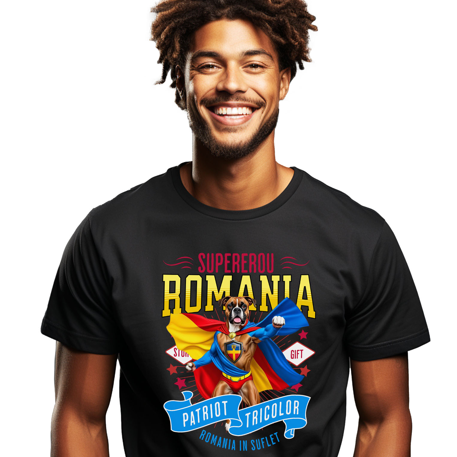 Tricou Femei, Barbati, Copii, Fata, Baiat, Unisex Personalizat Boxer în Costum de Căpitan România – Cadou Personalizat pentru Iubitorii de Câini