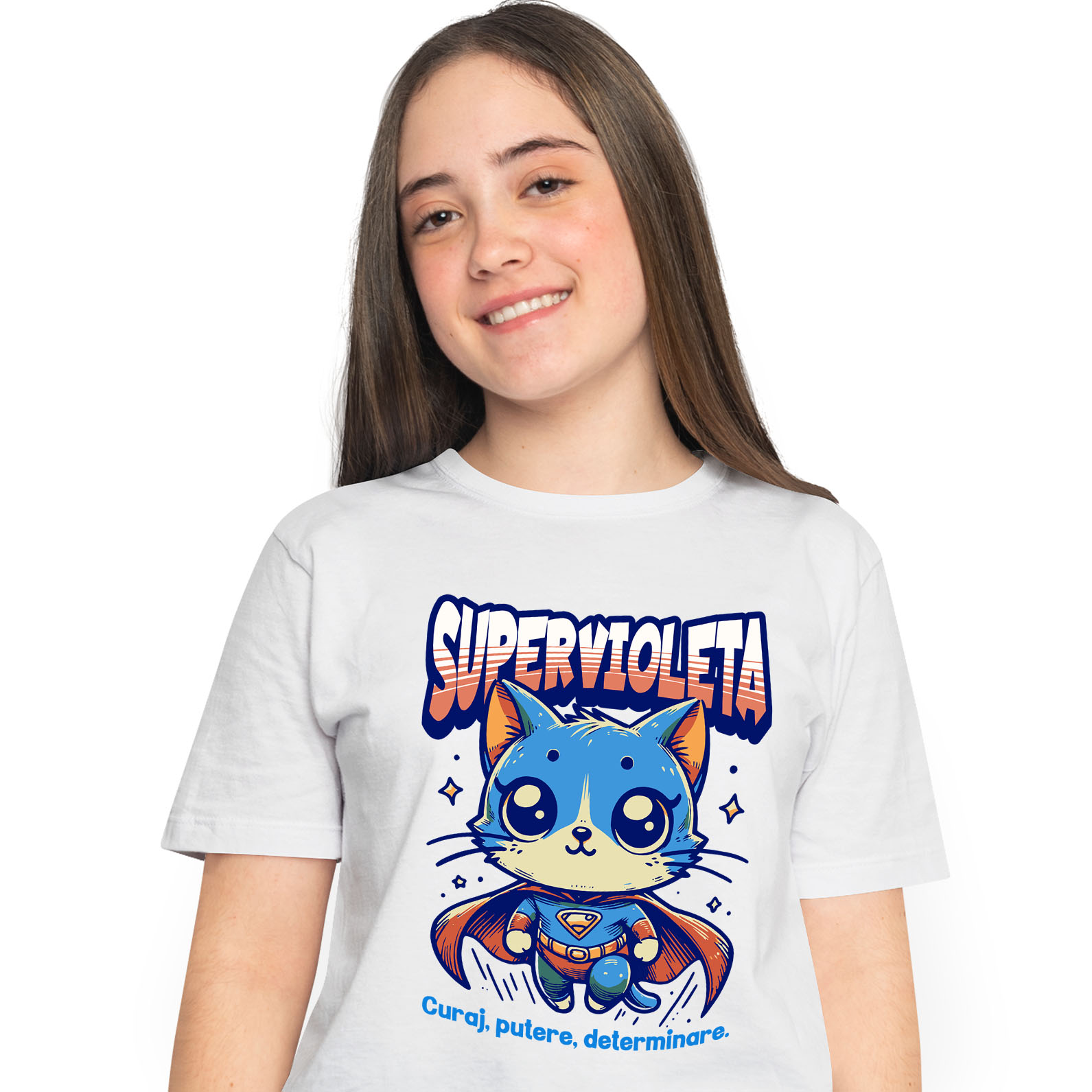 Tricouri - Tricou Femei, Barbati, Copii, Fata, Baiat, Unisex Personalizat Pisica Albastră În Costum De Super Erou – Cadou Personalizat „SuperVioleta Curaj Putere Determinare”