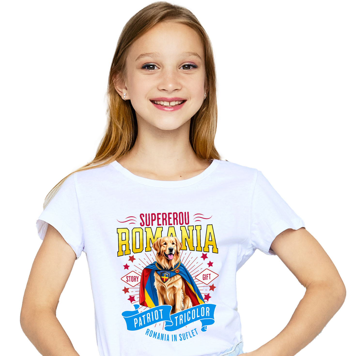 Tricou Femei, Barbati, Copii, Fata, Baiat, Unisex Personalizat Golden Retriever Supererou – Costum Căpitan România, Cadou Personalizat