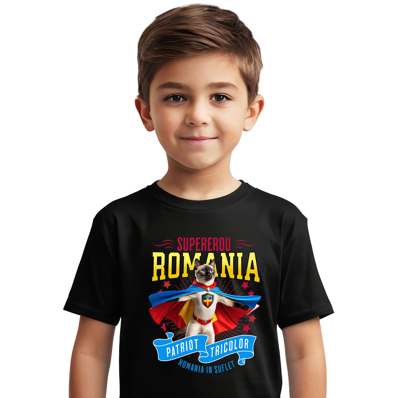 Tricou Femei, Barbati, Copii, Fata, Baiat, Unisex Personalizat Pisică Siameză Supererou – Costum Căpitan România, Cadou Personalizat