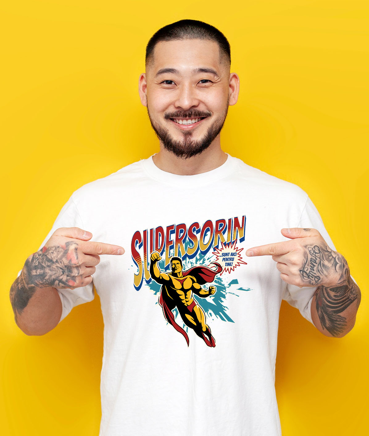 Tricou Femei, Barbati, Copii, Fata, Baiat, Unisex Personalizat Bărbat Puternic În Zbor Super Erou – Cadou Personalizat „Super Sorin Sunt Aici Pentru Tine” [1]