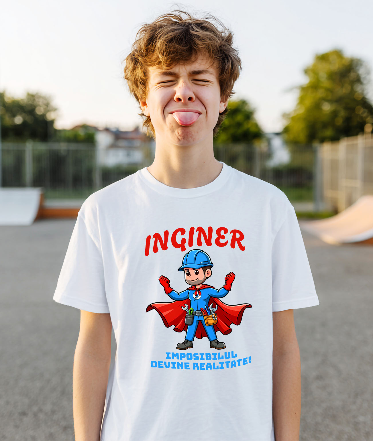 Tricou Femei, Barbati, Copii, Fata, Baiat, Unisex Personalizat Bărbat Cu Salopetă Albastră Și Pelerină Roșie – Cadou Personalizat „Inginer Imposibilul Devine Realitate” [1]