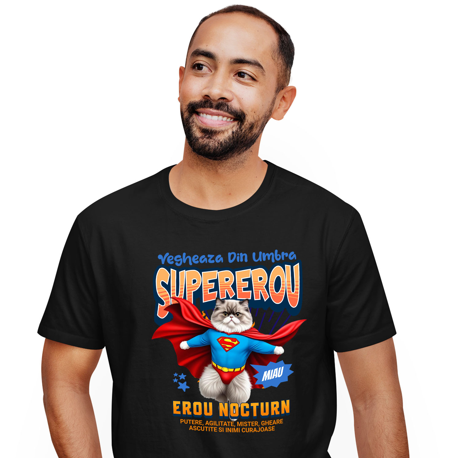 Tricou Femei, Barbati, Copii, Fata, Baiat, Unisex Personalizat Pisică Persană Supererou – Design Personalizat pentru Iubitorii de Animale și Familie