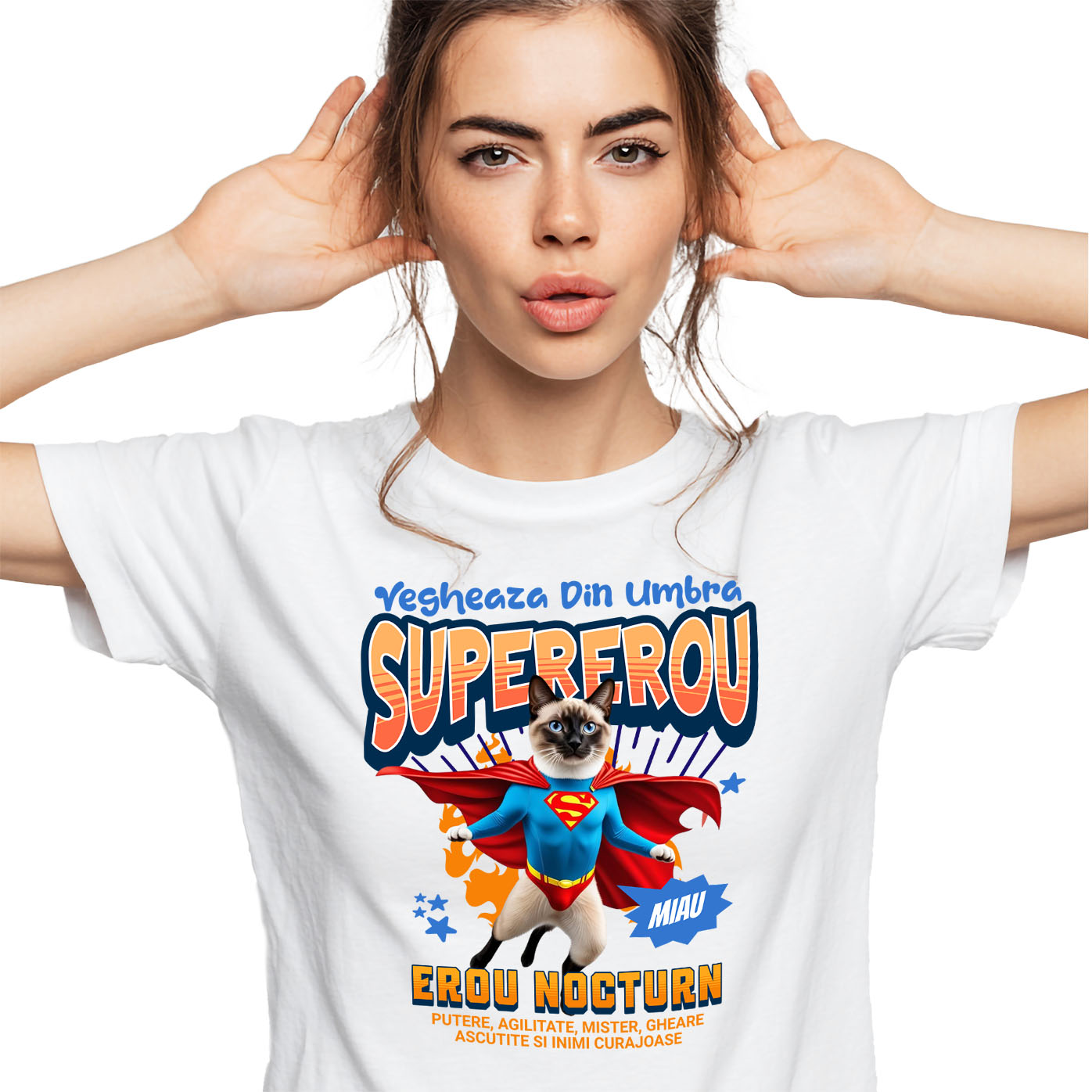 Tricouri - Tricou Femei, Barbati, Copii, Fata, Baiat, Unisex Personalizat Pisică Siameză Supererou – Design Personalizat pentru Iubitorii de Animale și Familie