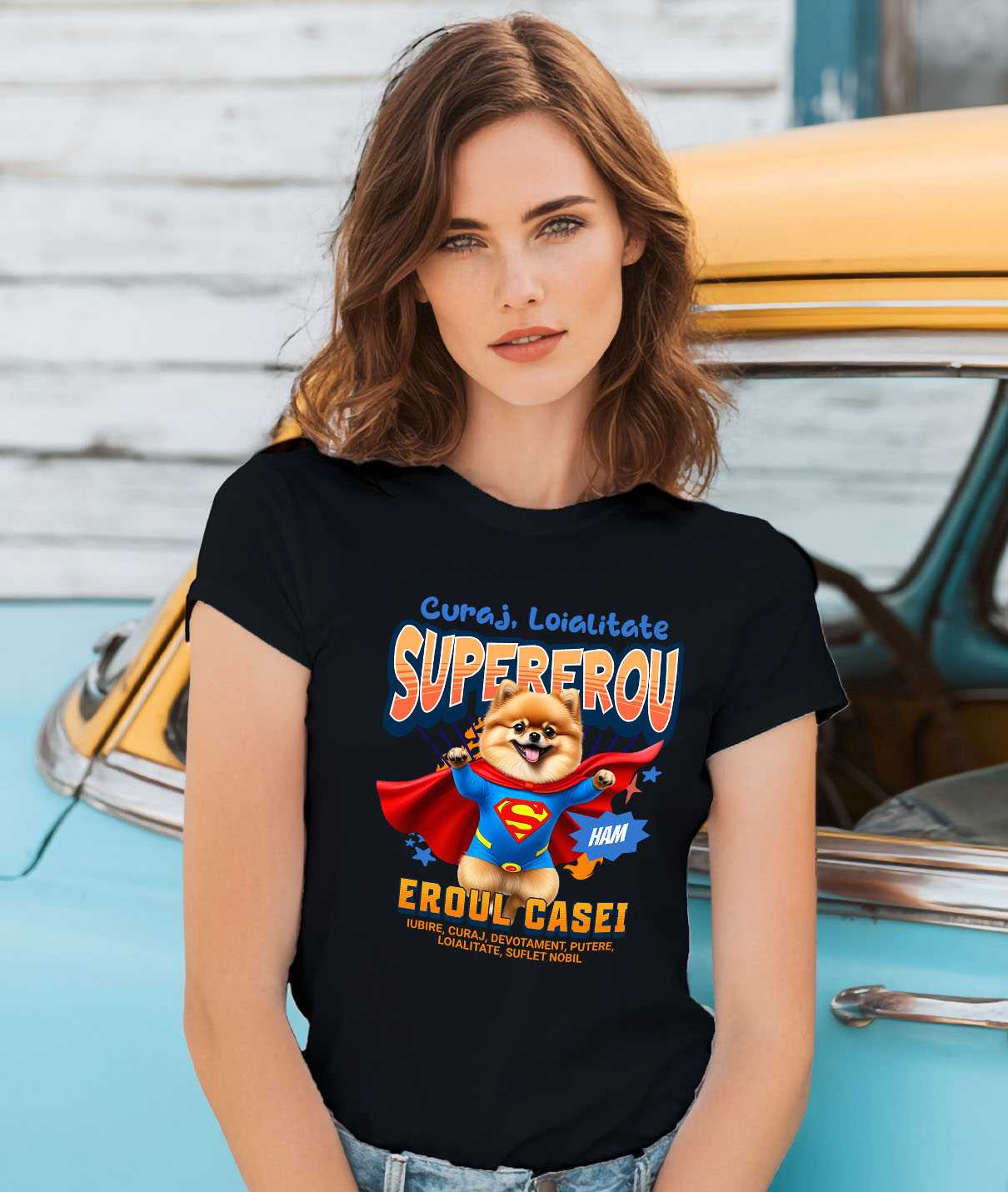 Tricou Femei, Barbati, Copii, Fata, Baiat, Unisex Personalizat Pomeranian și Pisică în Costum de Superman – Produse Personalizate pentru Copii și Familie [1]