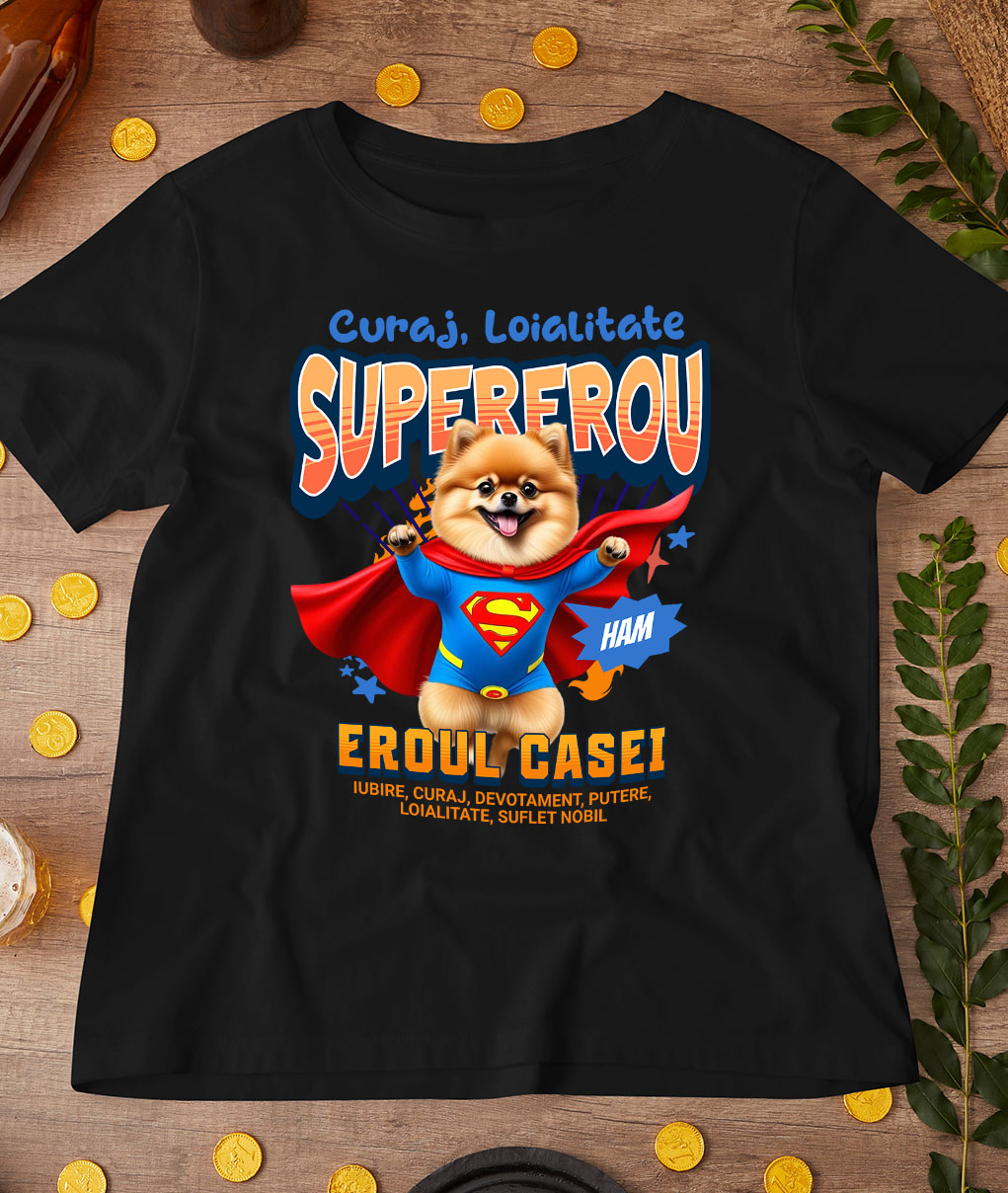 Tricou Femei, Barbati, Copii, Fata, Baiat, Unisex Personalizat Pomeranian și Pisică în Costum de Superman – Produse Personalizate pentru Copii și Familie [2]