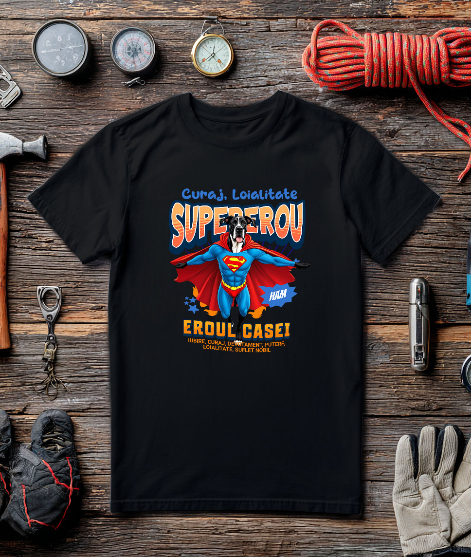 Tricou Femei, Barbati, Copii, Fata, Baiat, Unisex Personalizat Dog German în Costum de Superman – Produse Personalizate pentru Copii și Familie [2]