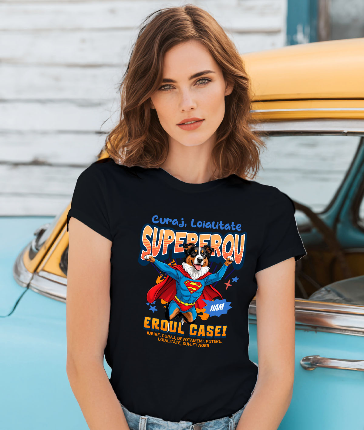 Tricou Femei, Barbati, Copii, Fata, Baiat, Unisex Personalizat Ciobănesc Australian în Costum de Superman – Produse Personalizate pentru Copii și Familie [1]