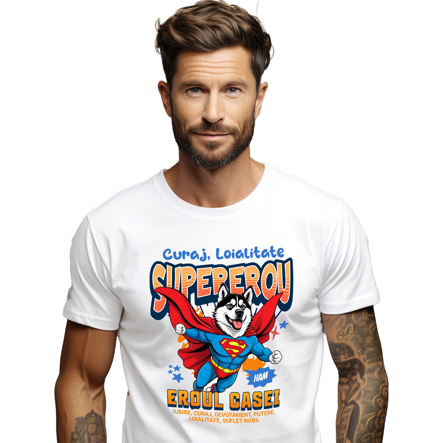 Tricou Femei, Barbati, Copii, Fata, Baiat, Unisex Personalizat Husky Siberian în Costum de Superman – Produse Personalizate pentru Copii și Familie