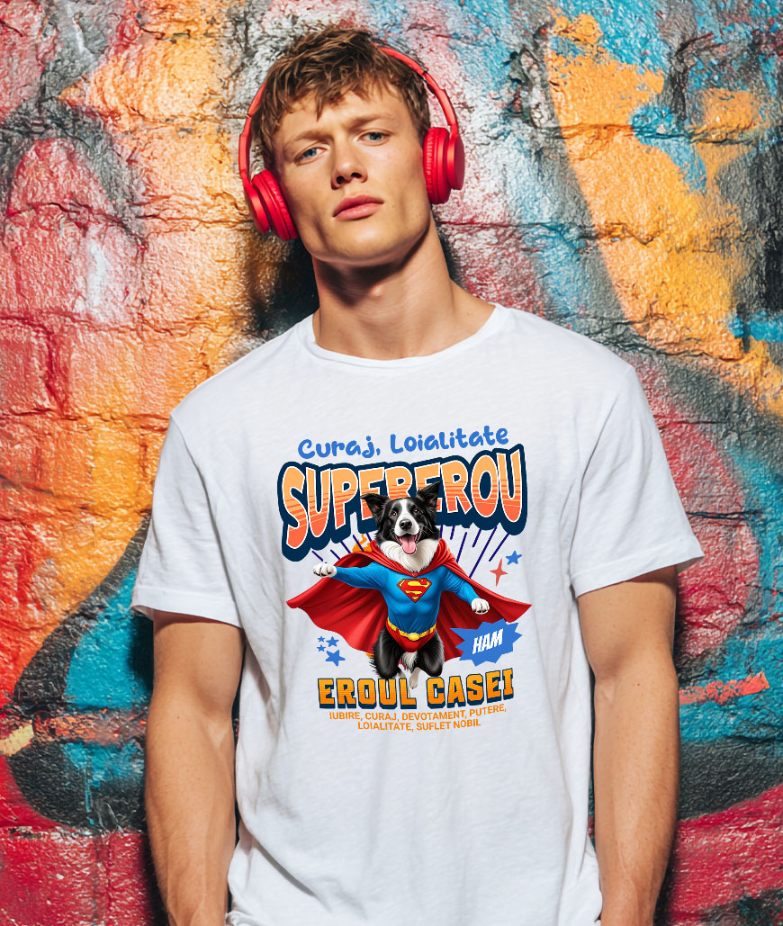 Tricou Femei, Barbati, Copii, Fata, Baiat, Unisex Personalizat Border Collie în Costum de Superman – Produse Personalizate pentru Copii și Familie [1]
