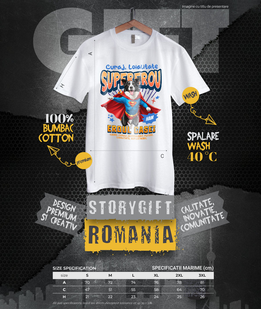 Tricou Femei, Barbati, Copii, Fata, Baiat, Unisex Personalizat Border Collie în Costum de Superman – Produse Personalizate pentru Copii și Familie [3]