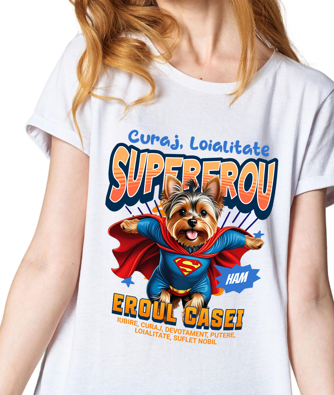 Tricou Femei, Barbati, Copii, Fata, Baiat, Unisex Personalizat Yorkshire Terrier în Costum de Superman – Produse Personalizate pentru Familie și Copii [1]