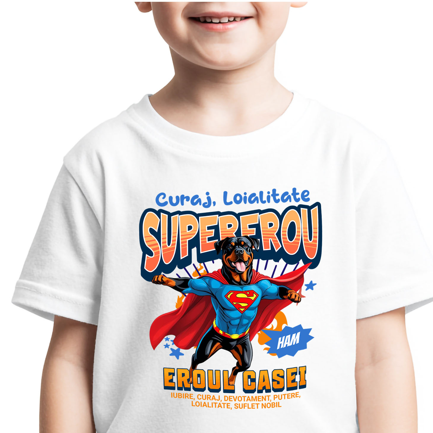 Tricou Femei, Barbati, Copii, Fata, Baiat, Unisex Personalizat Rottweiler în Costum de Superman – Produse Personalizate pentru Familie și Copii