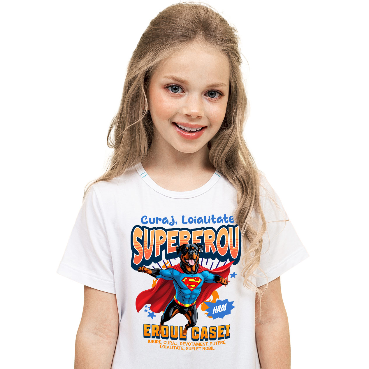 Tricou Femei, Barbati, Copii, Fata, Baiat, Unisex Personalizat Rottweiler în Costum de Superman – Produse Personalizate pentru Familie și Copii [1]