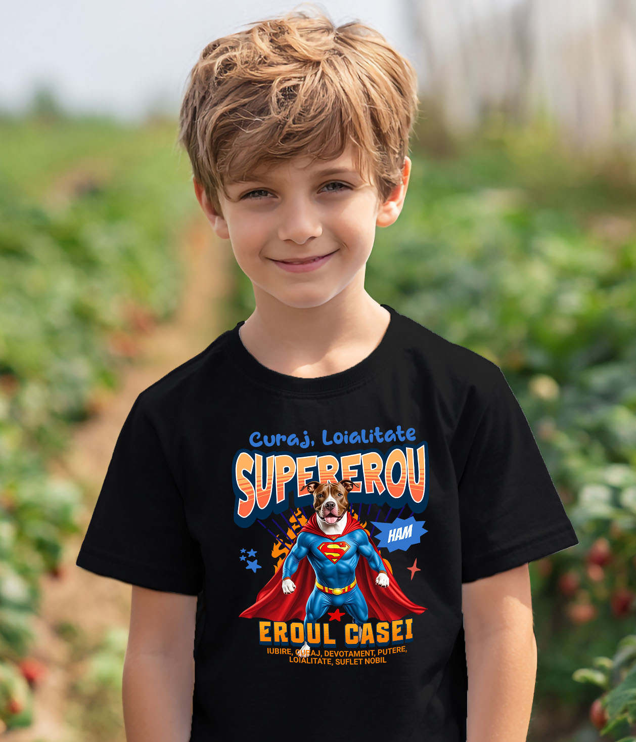 Tricou Femei, Barbati, Copii, Fata, Baiat, Unisex Personalizat Pitbull în Costum de Superman – Produse Personalizate pentru Familie și Copii [3]