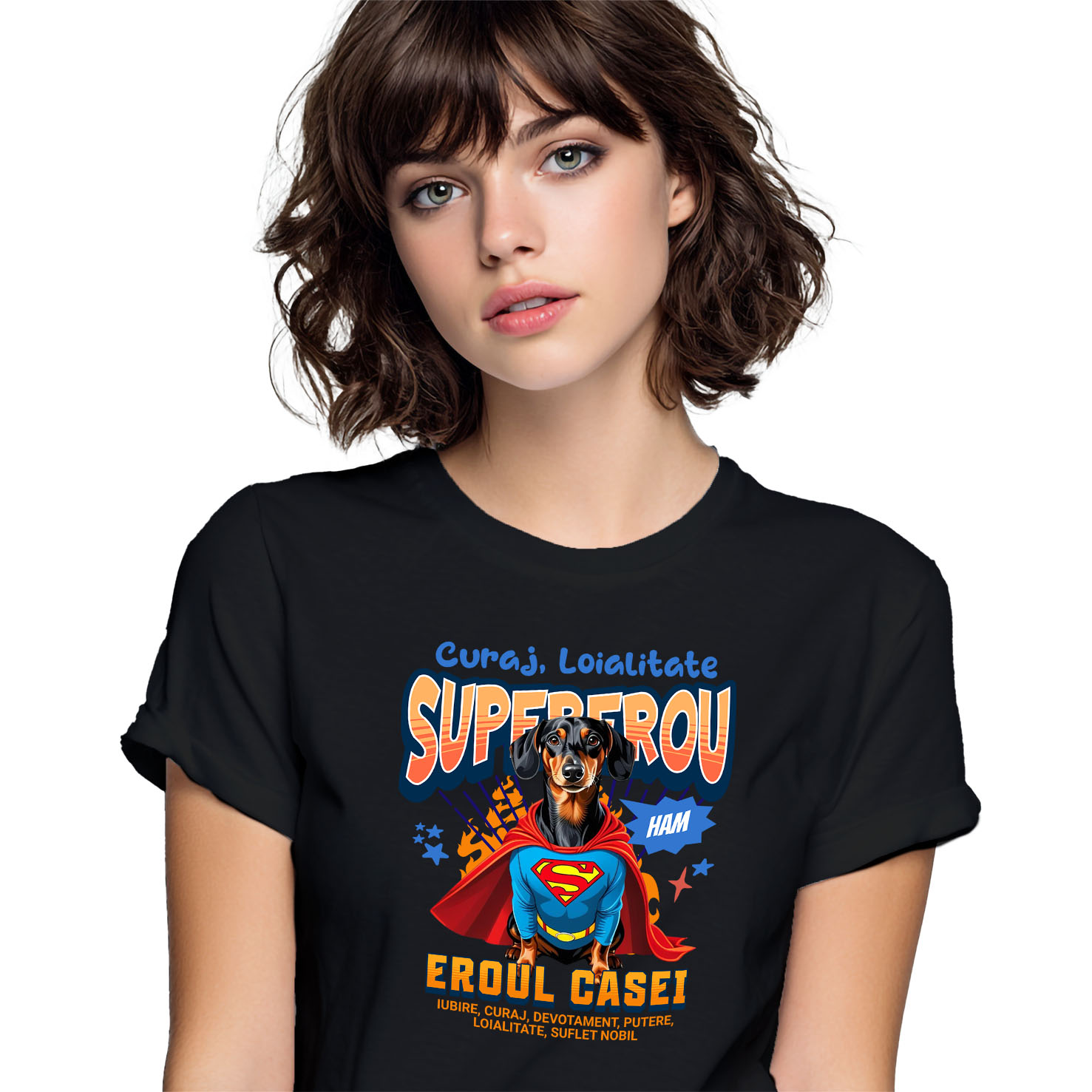 Tricouri - Tricou Femei, Barbati, Copii, Fata, Baiat, Unisex Personalizat Teckel în Costum de Superman – Cadouri Personalizate pentru Familie și Copii