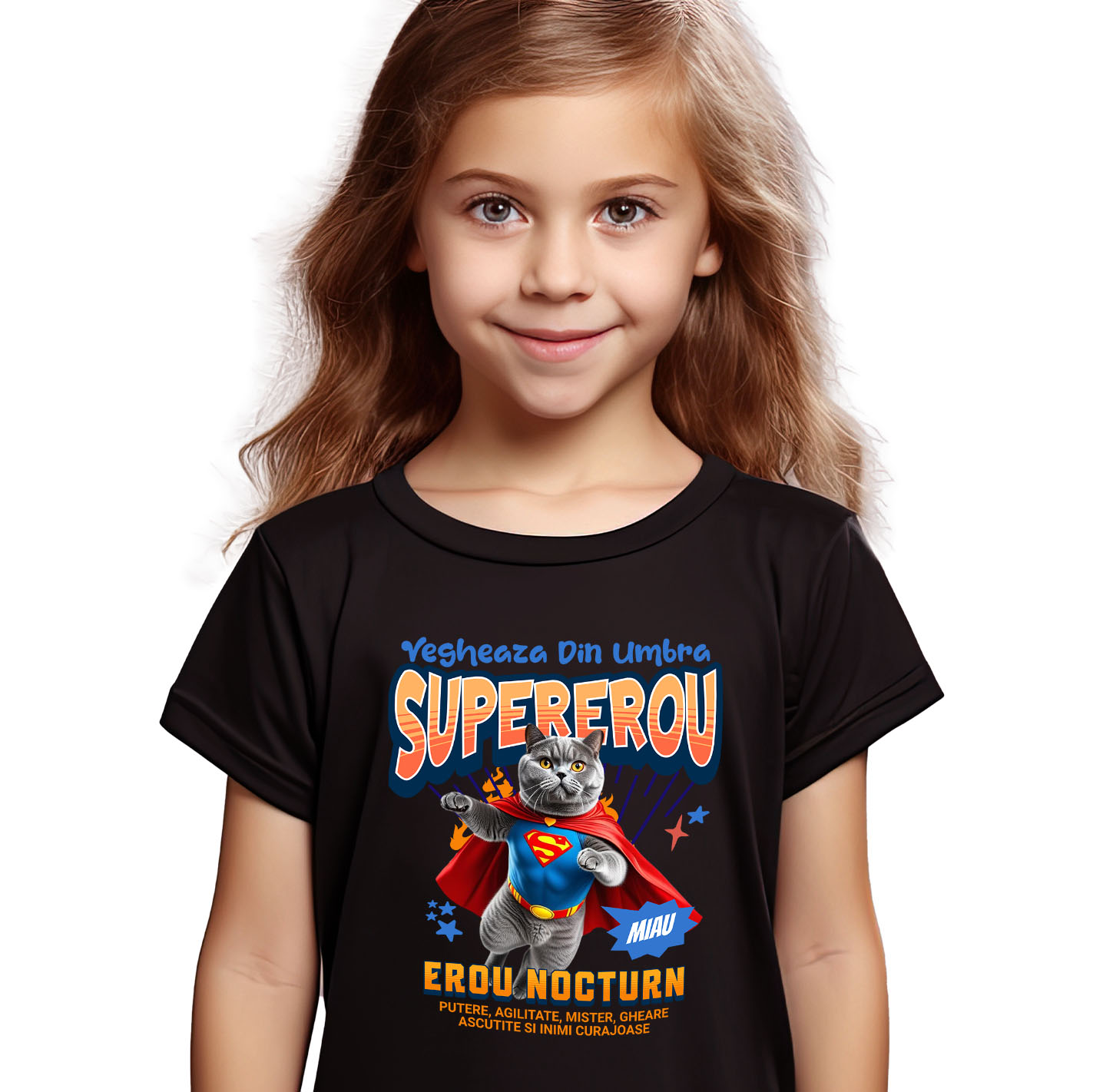Tricou Femei, Barbati, Copii, Fata, Baiat, Unisex Personalizat Pisică British Shorthair în Costum de Superman – Cadouri Personalizate pentru Familie și Copii