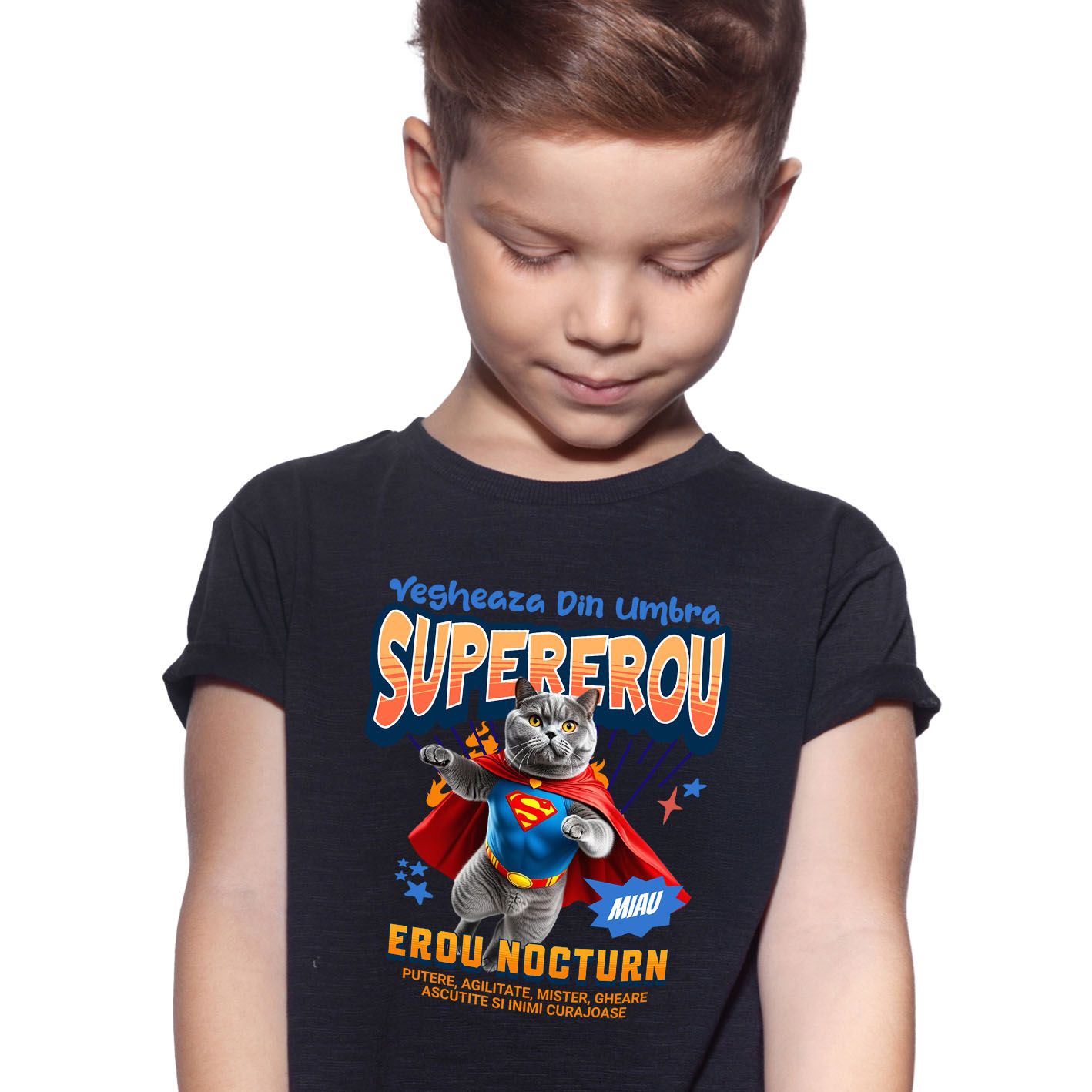 Tricou Femei, Barbati, Copii, Fata, Baiat, Unisex Personalizat Pisică British Shorthair în Costum de Superman – Cadouri Personalizate pentru Familie și Copii [1]