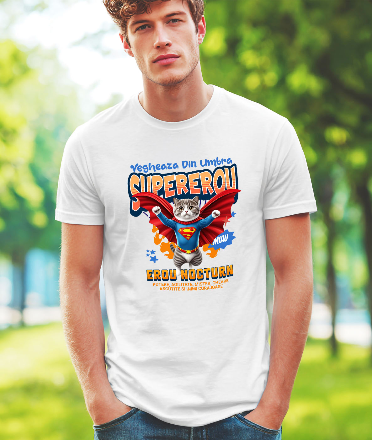 Tricou Femei, Barbati, Copii, Fata, Baiat, Unisex Personalizat Imagine cu o pisică Scottish Fold îmbrăcată în costum de Superman, cu pelerină roșie. Design original, perfect pentru produse personalizate dedicate iubitorilor de pisici și fanilor supereroilor. [1]