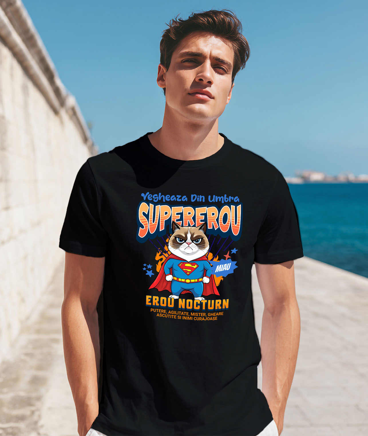 Tricou Femei, Barbati, Copii, Fata, Baiat, Unisex Personalizat Scottish Fold în Costum de Superman – Cadou Haios pentru Iubitorii de Pisici [1]
