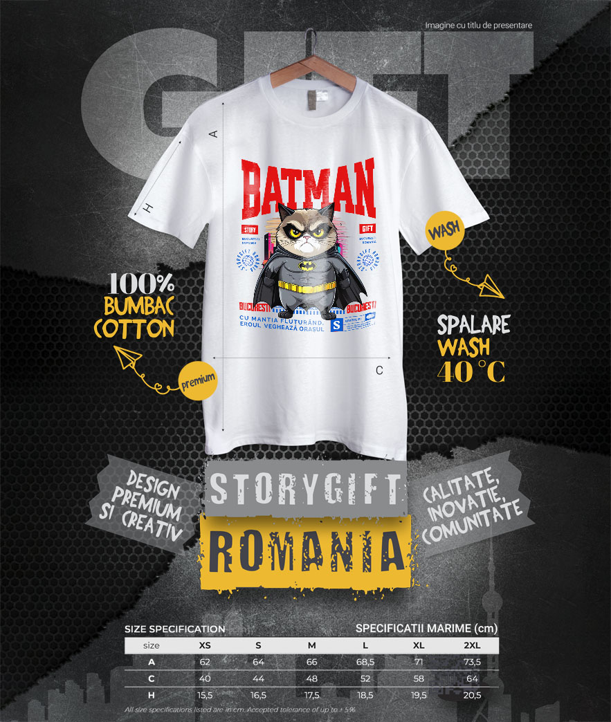 Tricou Femei, Barbati, Copii, Fata, Baiat, Unisex Personalizat Pisica Morocănoasă în Costum de Batman – Un Supererou Amuzant pentru Iubitorii de Animale [3]