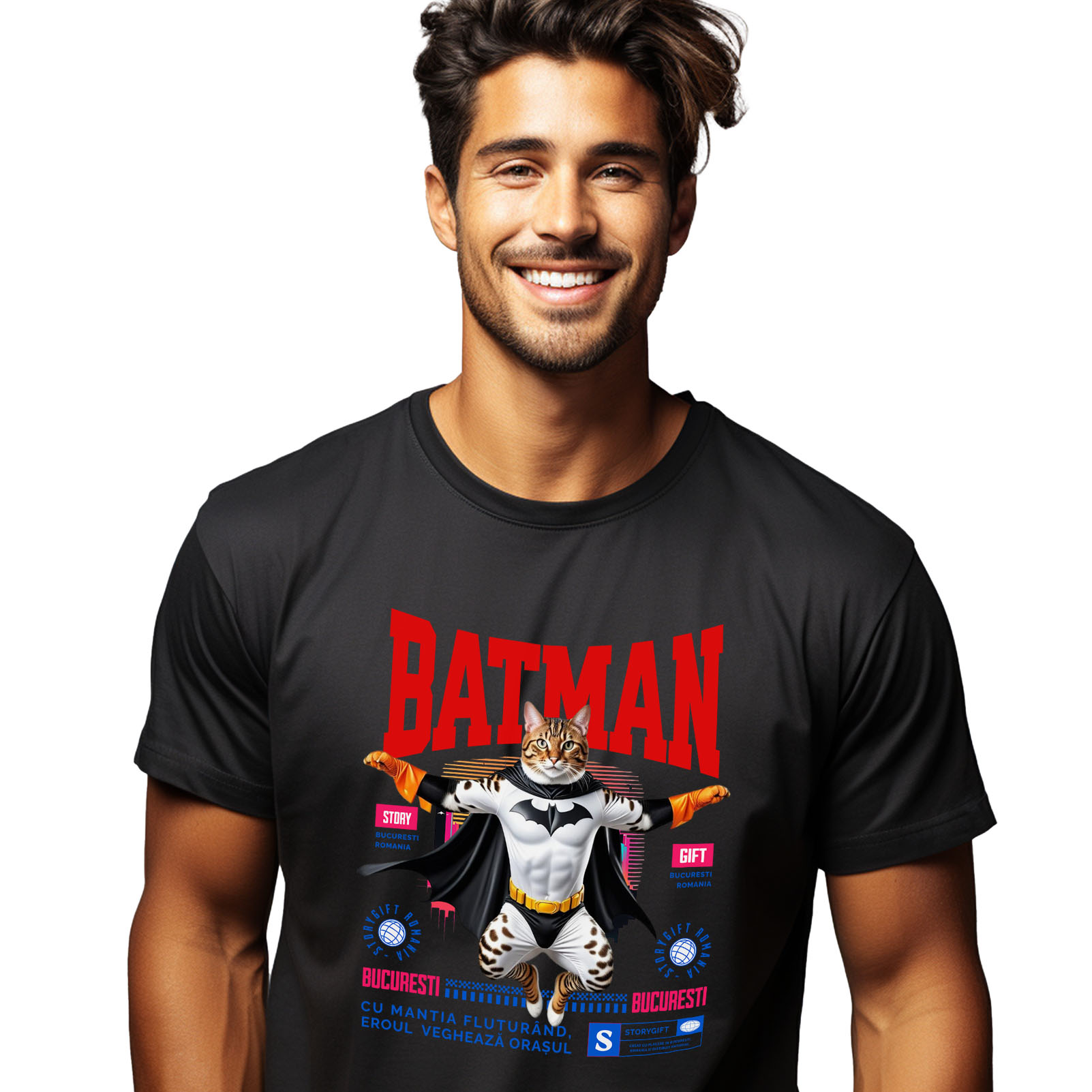 Tricou Femei, Barbati, Copii, Fata, Baiat, Unisex Personalizat Pisica Bengal în Costum de Batman – Un Supererou Drăgălaș pentru Copii și Iubitorii de Animale