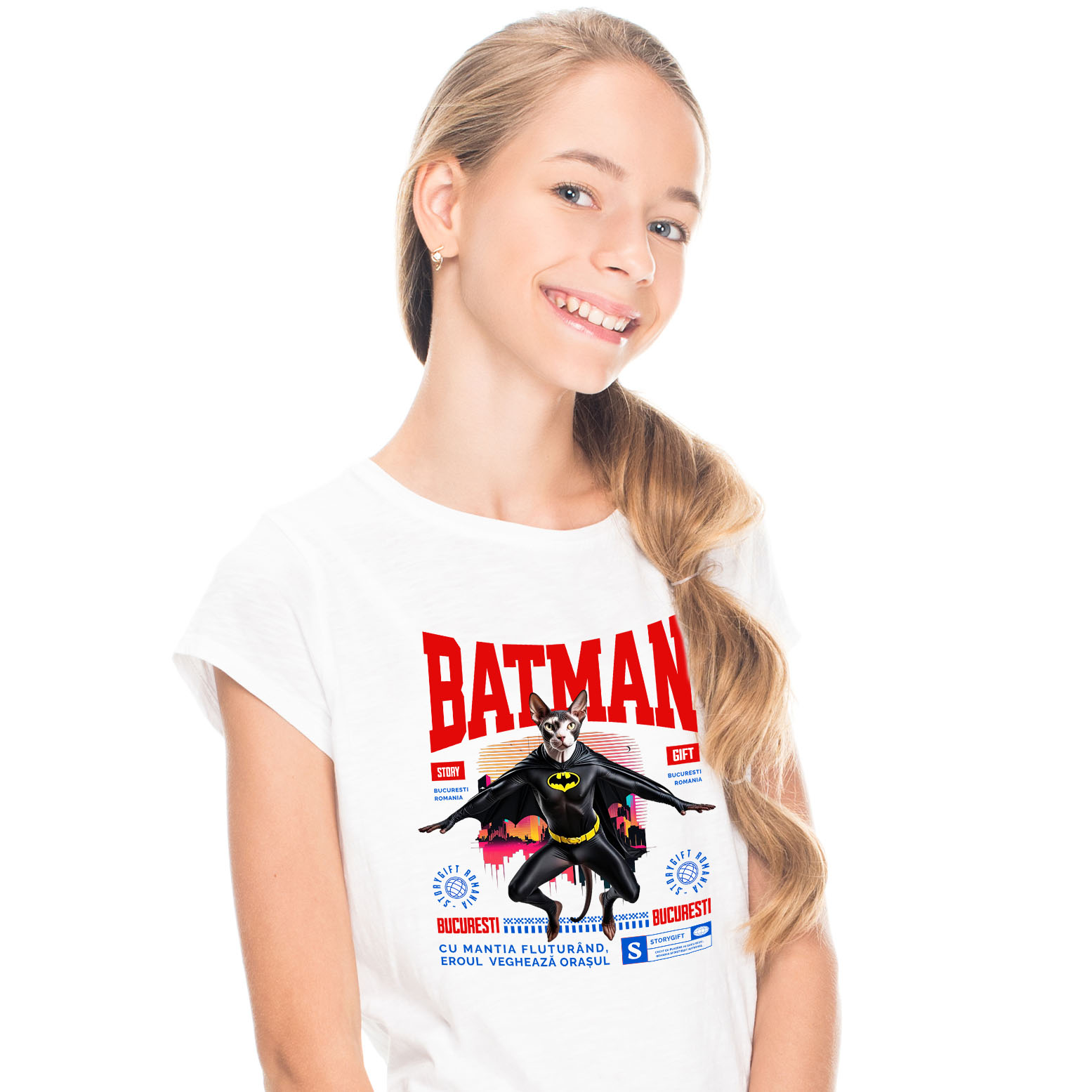 Tricou Femei, Barbati, Copii, Fata, Baiat, Unisex Personalizat Pisica Sphynx în Costum de Batman – Un Supererou Unic pentru Copii și Iubitorii de Animale [1]