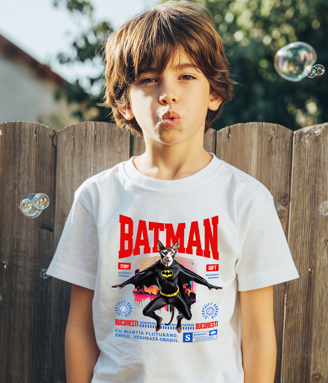 Tricou Femei, Barbati, Copii, Fata, Baiat, Unisex Personalizat Pisica Sphynx în Costum de Batman – Un Supererou Unic pentru Copii și Iubitorii de Animale [2]