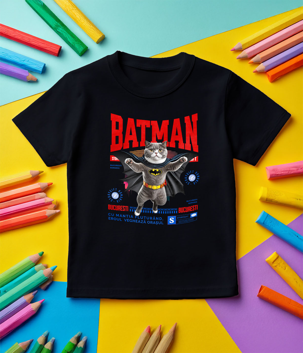 Tricou Femei, Barbati, Copii, Fata, Baiat, Unisex Personalizat Scottish Fold în Costum de Batman – Supereroul Perfect pentru Copii și Iubitorii de Pisici [4]