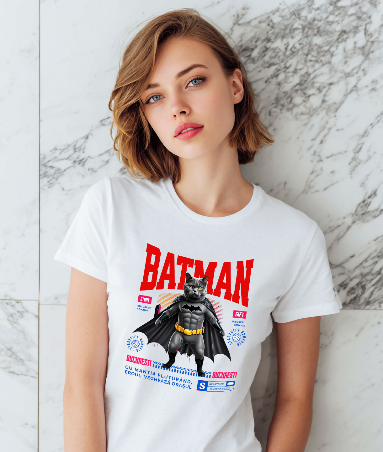 Tricou Femei, Barbati, Copii, Fata, Baiat, Unisex Personalizat British Shorthair în Costum de Batman – Supereroul Perfect pentru Copii și Iubitorii de Pisici [1]