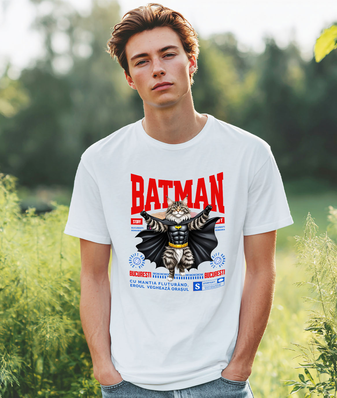 Tricou Femei, Barbati, Copii, Fata, Baiat, Unisex Personalizat Pisica Maine Coon în Costum de Batman – Supereroul Perfect pentru Iubitorii de Pisici și Copii [1]