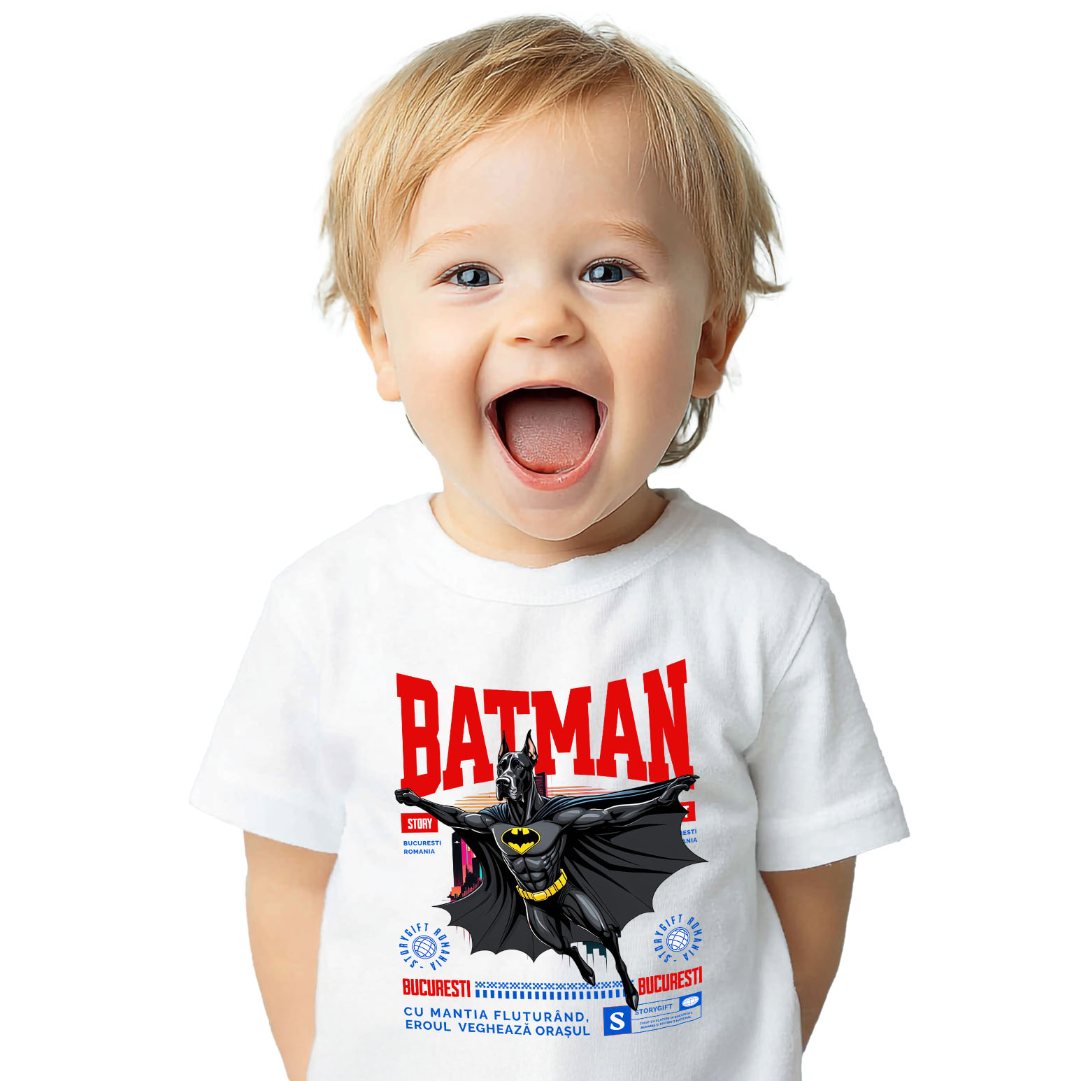 Tricou Femei, Barbati, Copii, Fata, Baiat, Unisex Personalizat Dog German în Costum de Batman – Supererou Amuzant pentru Iubitorii de Câini și Copii