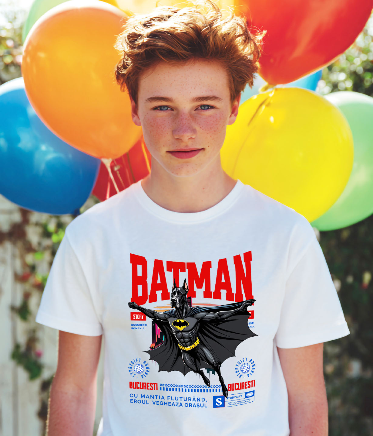 Tricou Femei, Barbati, Copii, Fata, Baiat, Unisex Personalizat Dog German în Costum de Batman – Supererou Amuzant pentru Iubitorii de Câini și Copii [2]