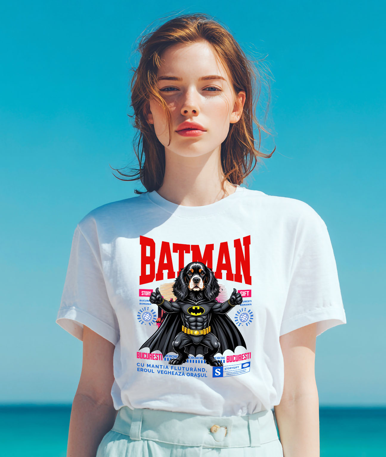 Tricou Femei, Barbati, Copii, Fata, Baiat, Unisex Personalizat Cocker Spaniel în Costum de Batman – Supererou Adorabil pentru Copii și Iubitorii de Câini [1]