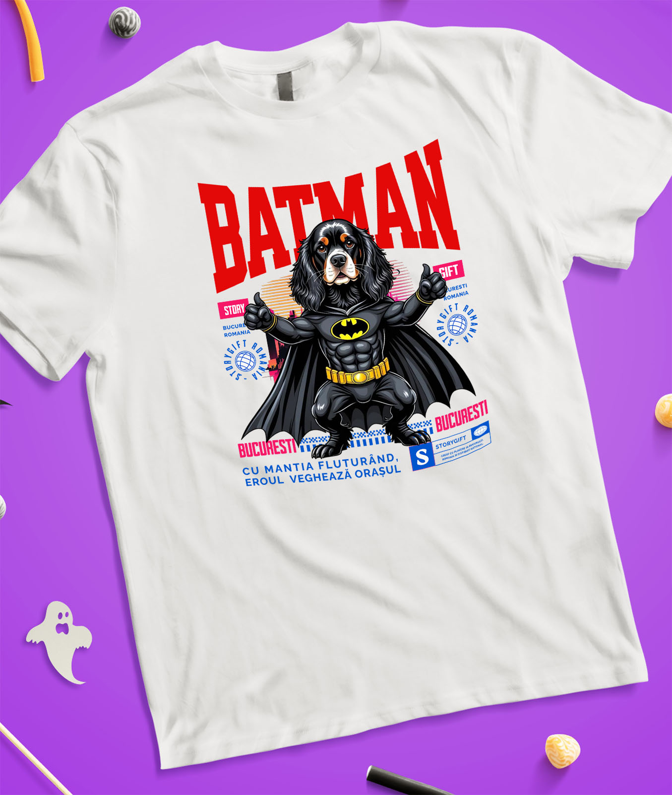 Tricou Femei, Barbati, Copii, Fata, Baiat, Unisex Personalizat Cocker Spaniel în Costum de Batman – Supererou Adorabil pentru Copii și Iubitorii de Câini [2]