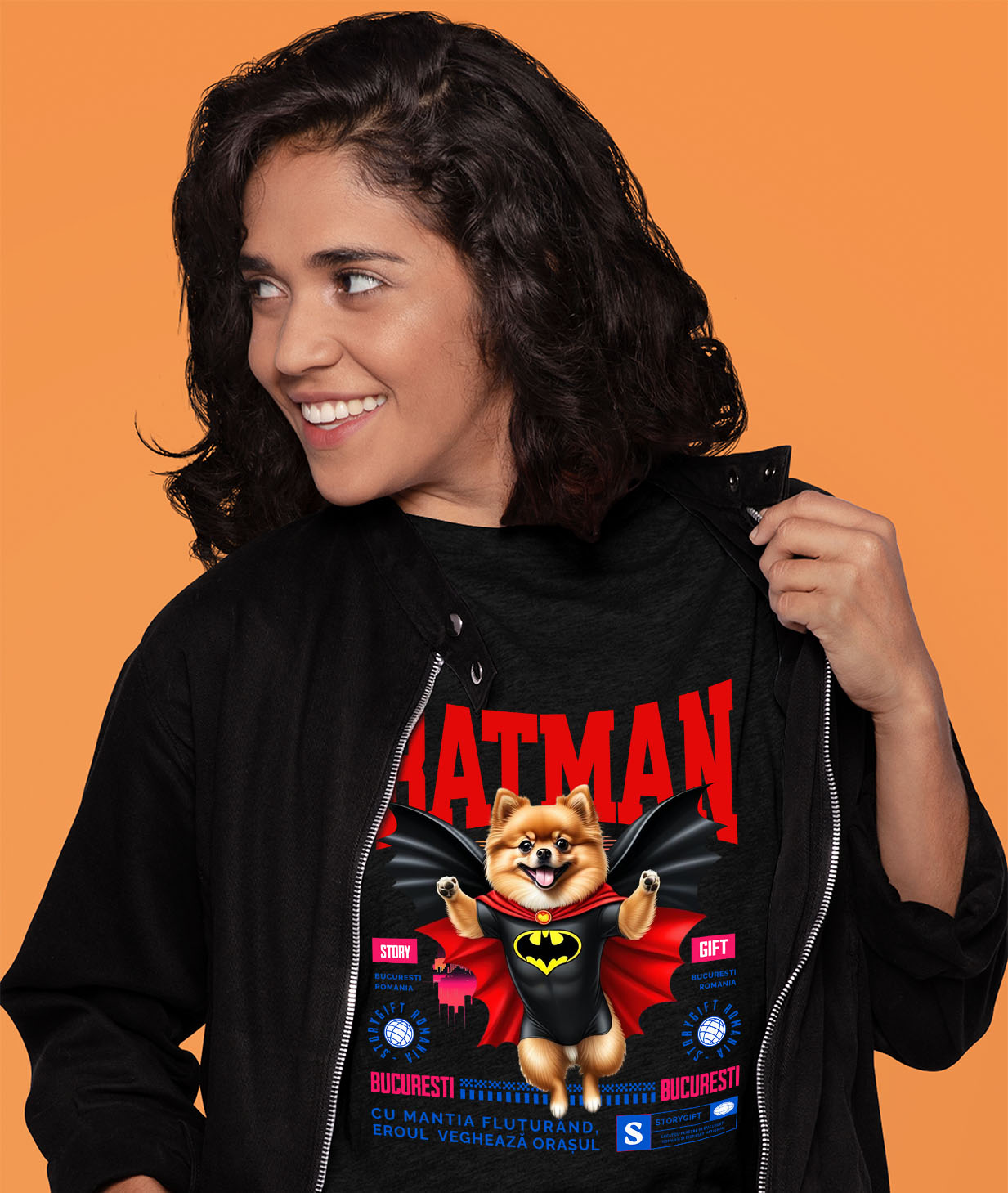 Tricou Femei, Barbati, Copii, Fata, Baiat, Unisex Personalizat Pomeranian în Costum de Batman – Supereroul Blănos Perfect pentru Copii și Iubitorii de Animale [1]