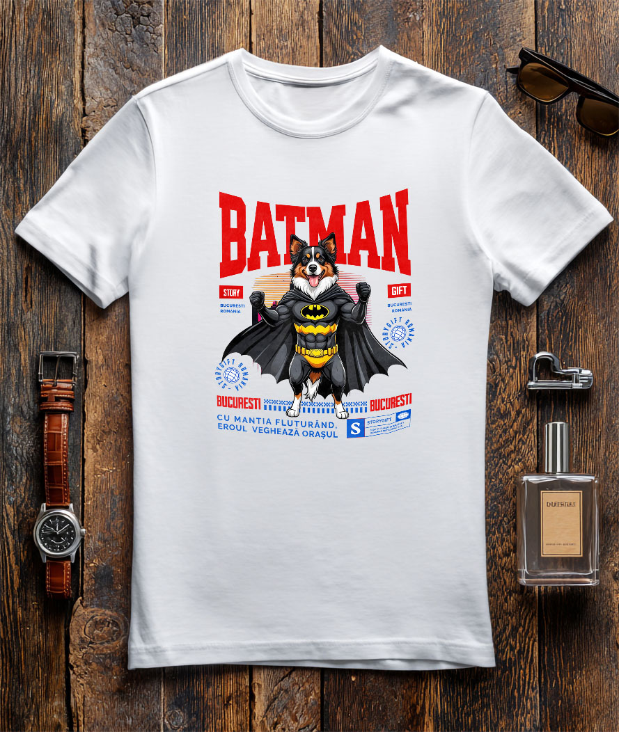 Tricou Femei, Barbati, Copii, Fata, Baiat, Unisex Personalizat Ciobănesc Australian în Costum de Batman – Câine Supererou pentru Copii și Iubitorii de Animale [2]