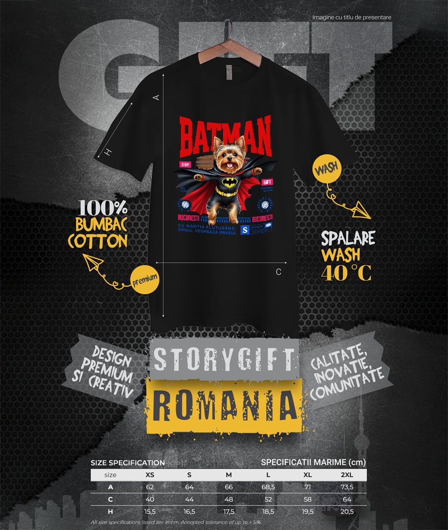 Tricou Femei, Barbati, Copii, Fata, Baiat, Unisex Personalizat Yorkshire Terrier În Costum de Batman – Câine Supererou pentru Copii și Iubitorii de Animale [3]