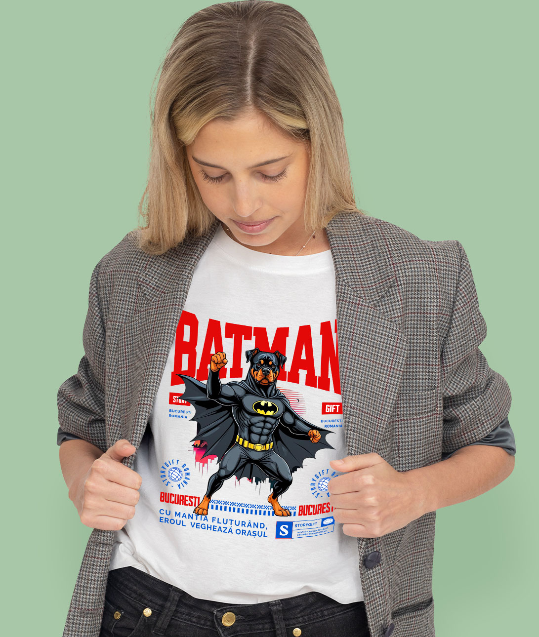 Tricou Femei, Barbati, Copii, Fata, Baiat, Unisex Personalizat Rottweiler În Costum de Batman – Câine Supererou pentru Copii și Iubitorii de Animale [1]