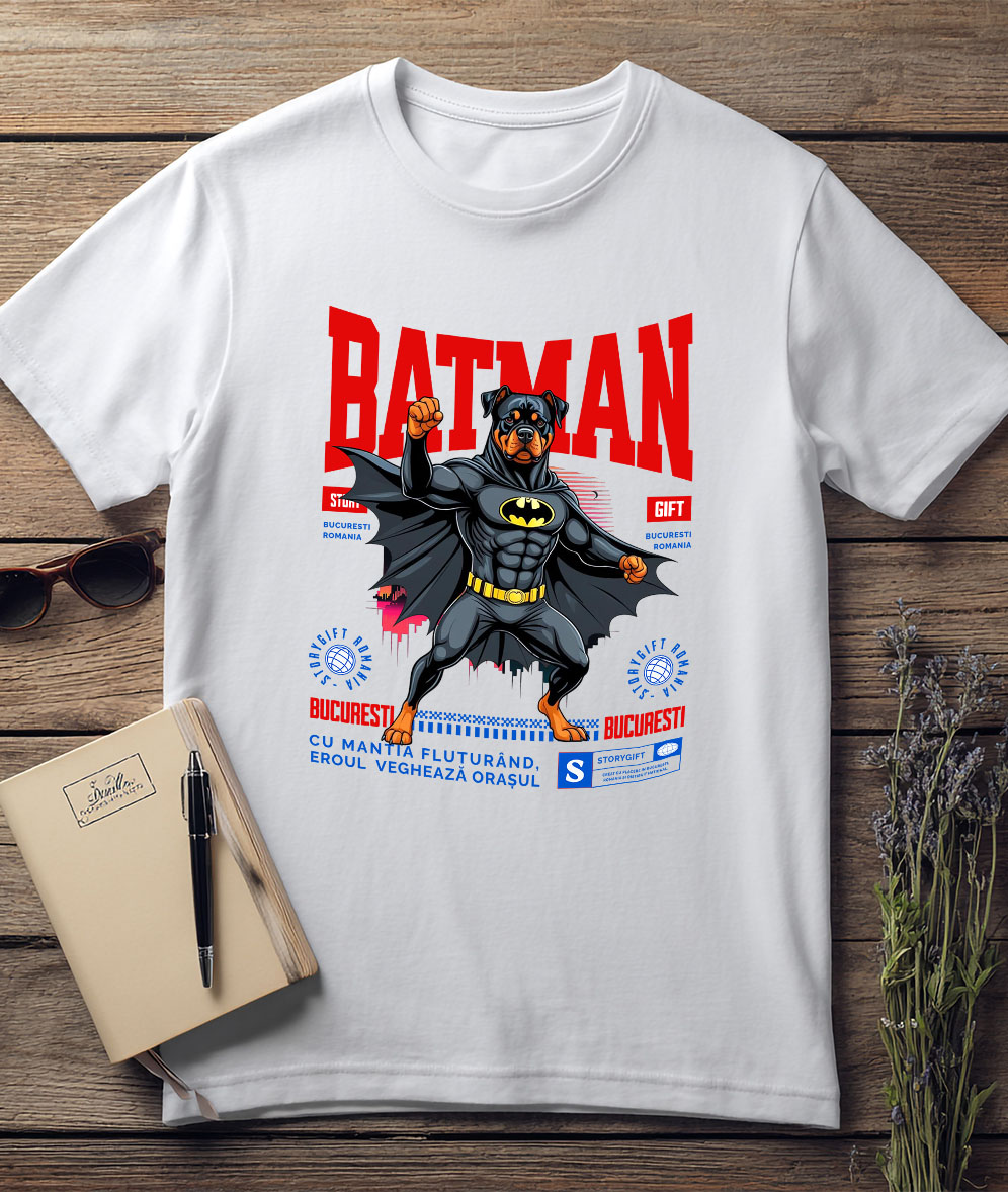 Tricou Femei, Barbati, Copii, Fata, Baiat, Unisex Personalizat Rottweiler În Costum de Batman – Câine Supererou pentru Copii și Iubitorii de Animale [2]