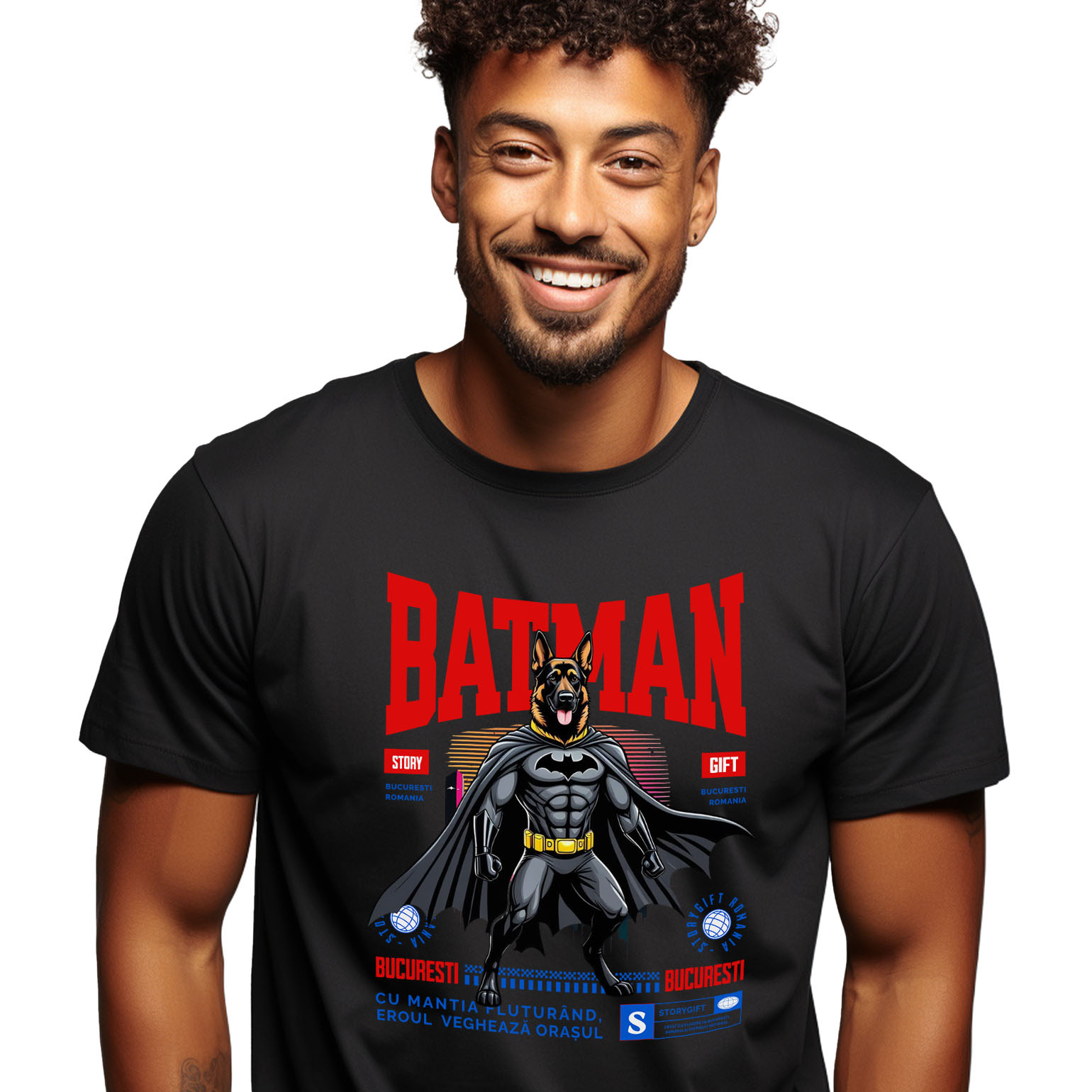 Tricou Femei, Barbati, Copii, Fata, Baiat, Unisex Personalizat Ciobănesc German În Costum de Batman – Câine Supererou pentru Familie și Copii