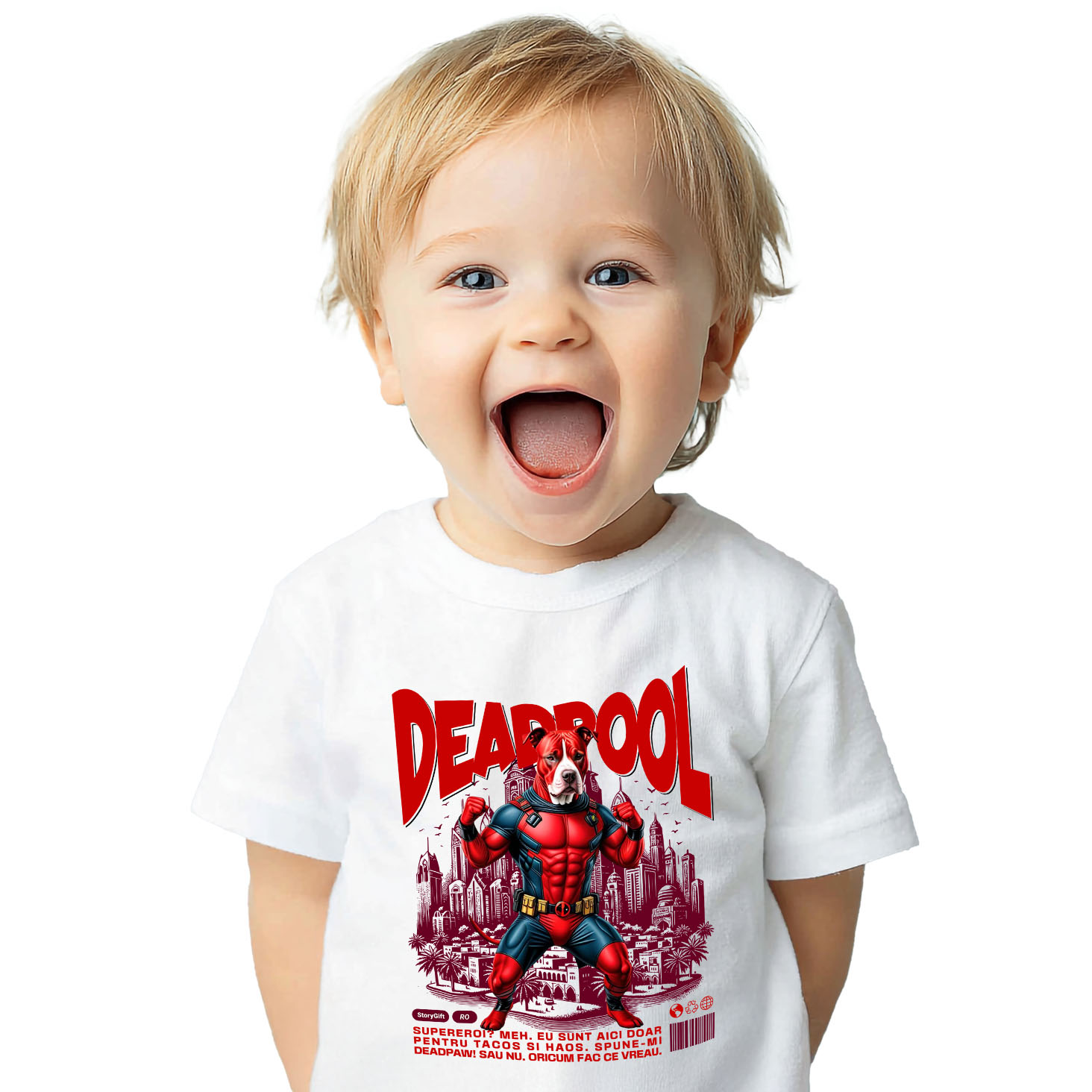 Tricou Femei, Barbati, Copii, Fata, Baiat, Unisex Personalizat Pitbull În Costum de Deadpool – Câine Supererou pentru Familie și Copii