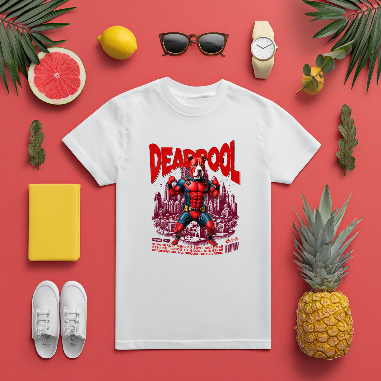 Tricou Femei, Barbati, Copii, Fata, Baiat, Unisex Personalizat Pitbull În Costum de Deadpool – Câine Supererou pentru Familie și Copii [4]