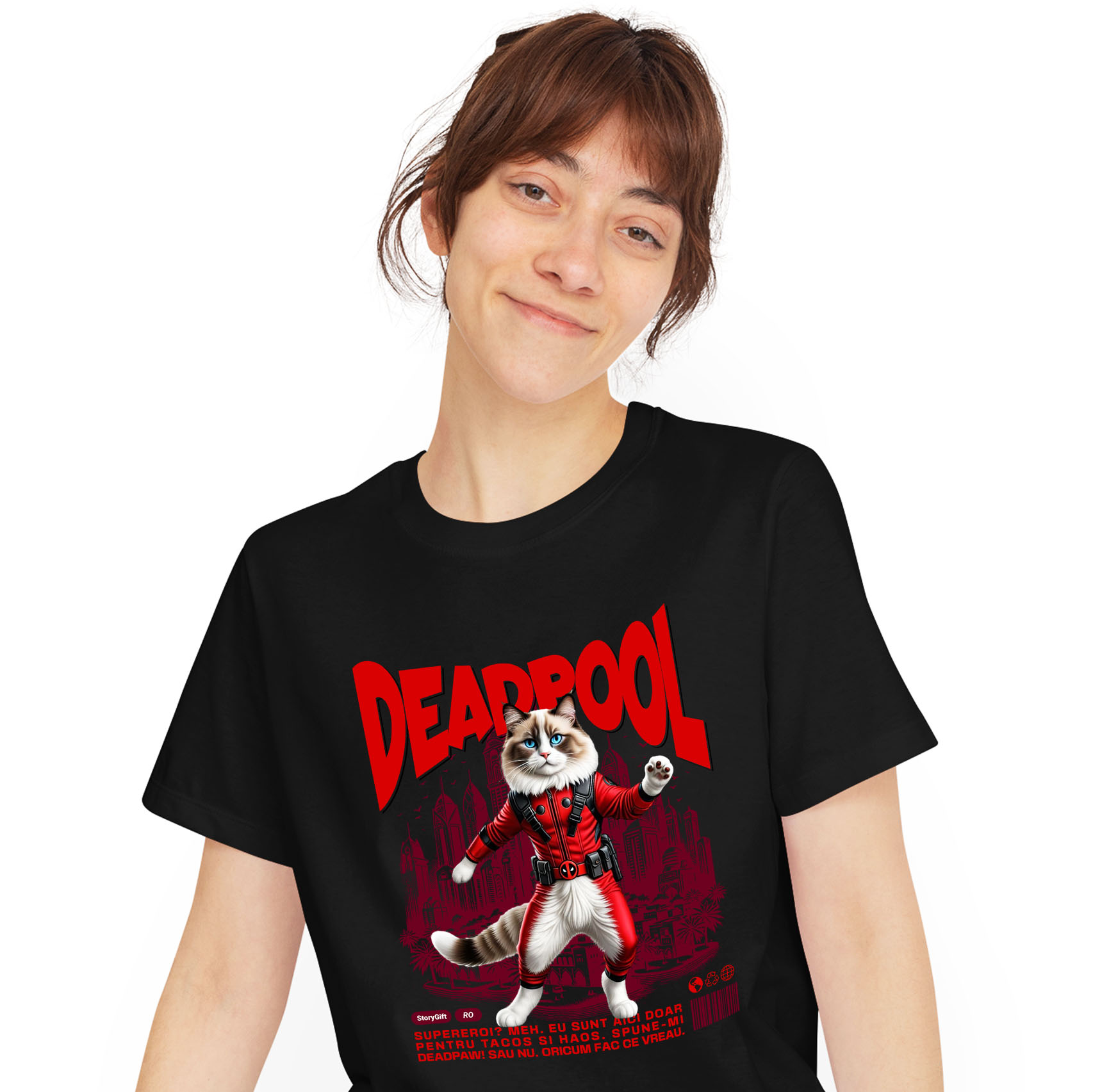 Tricou Femei, Barbati, Copii, Fata, Baiat, Unisex Personalizat Pisică Ragdoll în Costum Deadpool – Supererou Amuzant pentru Iubitorii de Pisici