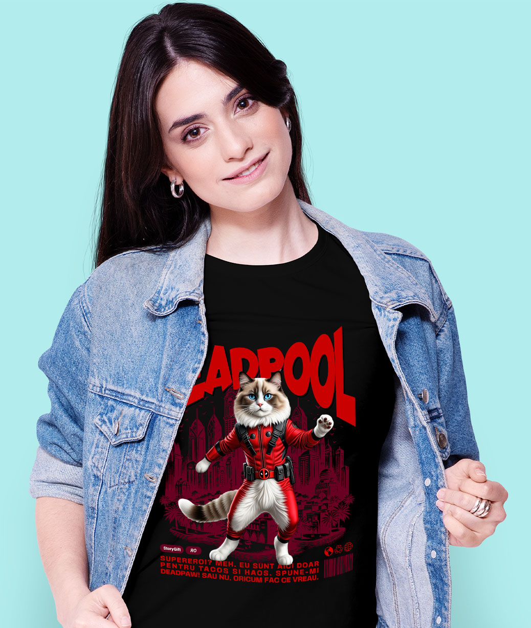 Tricou Femei, Barbati, Copii, Fata, Baiat, Unisex Personalizat Pisică Ragdoll în Costum Deadpool – Supererou Amuzant pentru Iubitorii de Pisici [1]