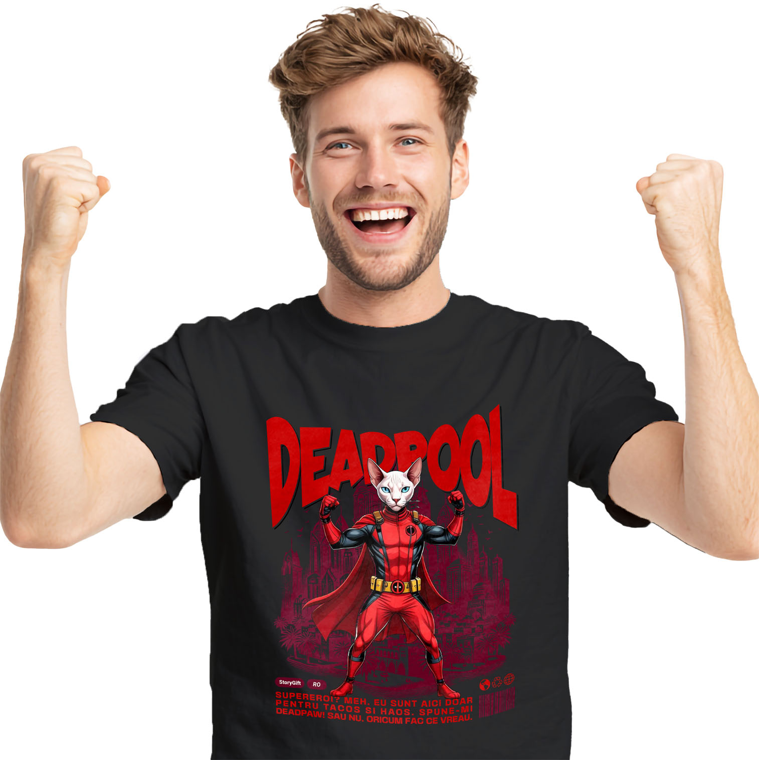 Tricou Femei, Barbati, Copii, Fata, Baiat, Unisex Personalizat Pisică Sphynx în Costum Deadpool – Supererou Haioș pentru Iubitorii de Animale