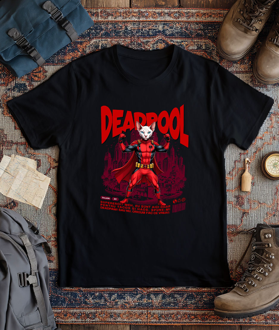 Tricou Femei, Barbati, Copii, Fata, Baiat, Unisex Personalizat Pisică Sphynx în Costum Deadpool – Supererou Haioș pentru Iubitorii de Animale [2]