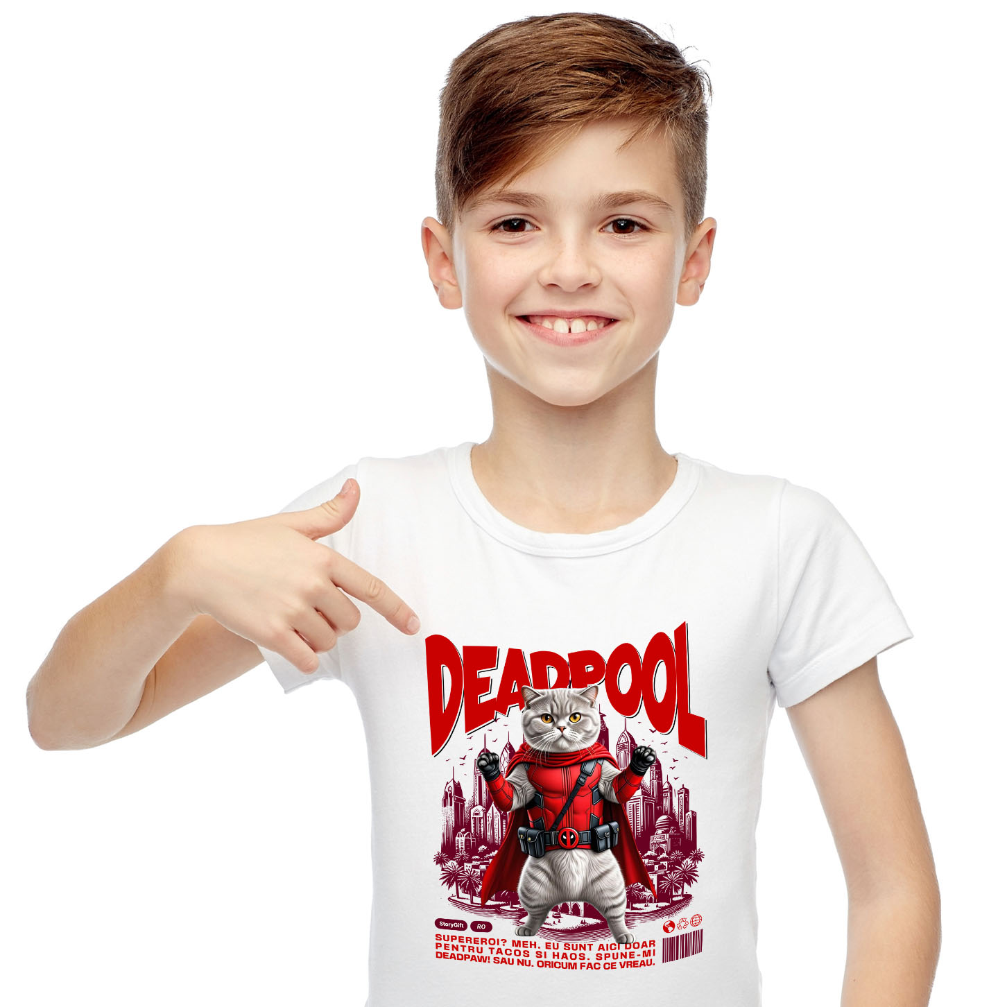 SuperEroi si Personaje TV - Tricou Femei, Barbati, Copii, Fata, Baiat, Unisex Personalizat Scottish Fold în Costum Deadpool – Pisică Supererou Amuzantă pentru Iubitorii de Animale