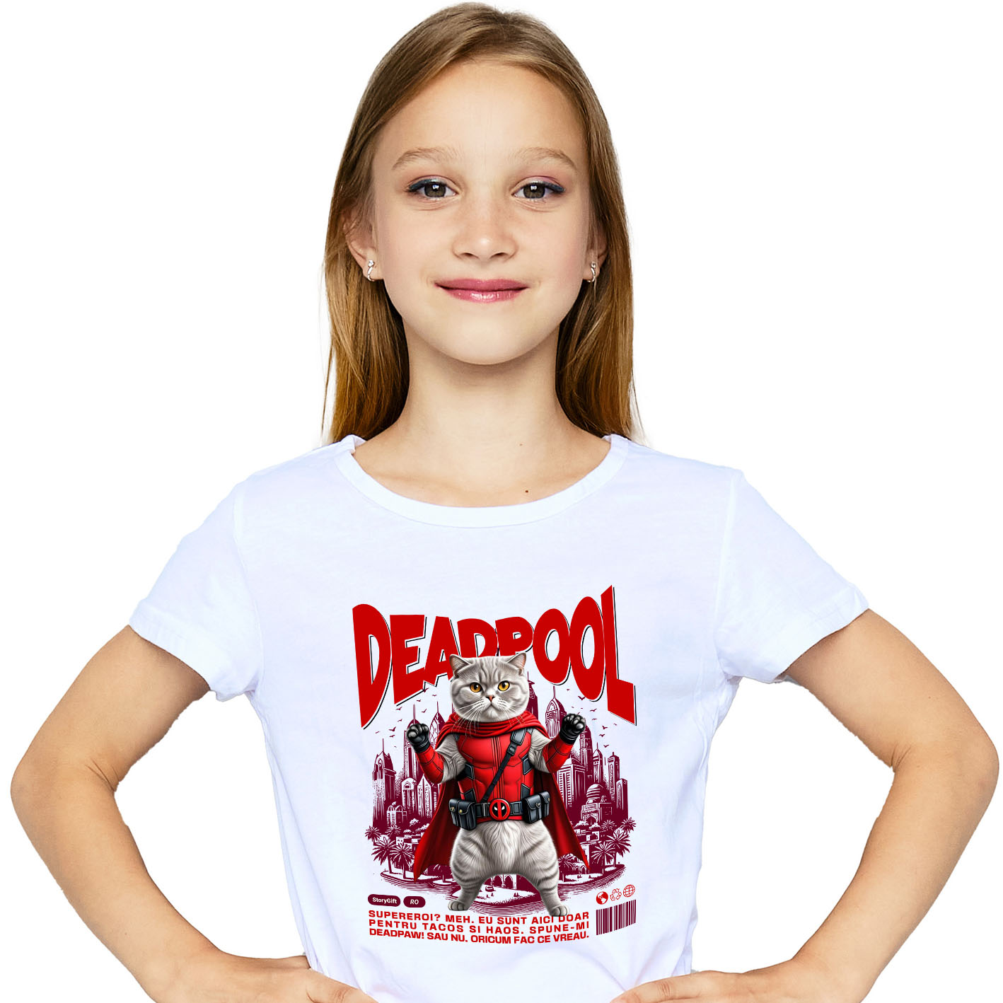 Tricou Femei, Barbati, Copii, Fata, Baiat, Unisex Personalizat Scottish Fold în Costum Deadpool – Pisică Supererou Amuzantă pentru Iubitorii de Animale [1]